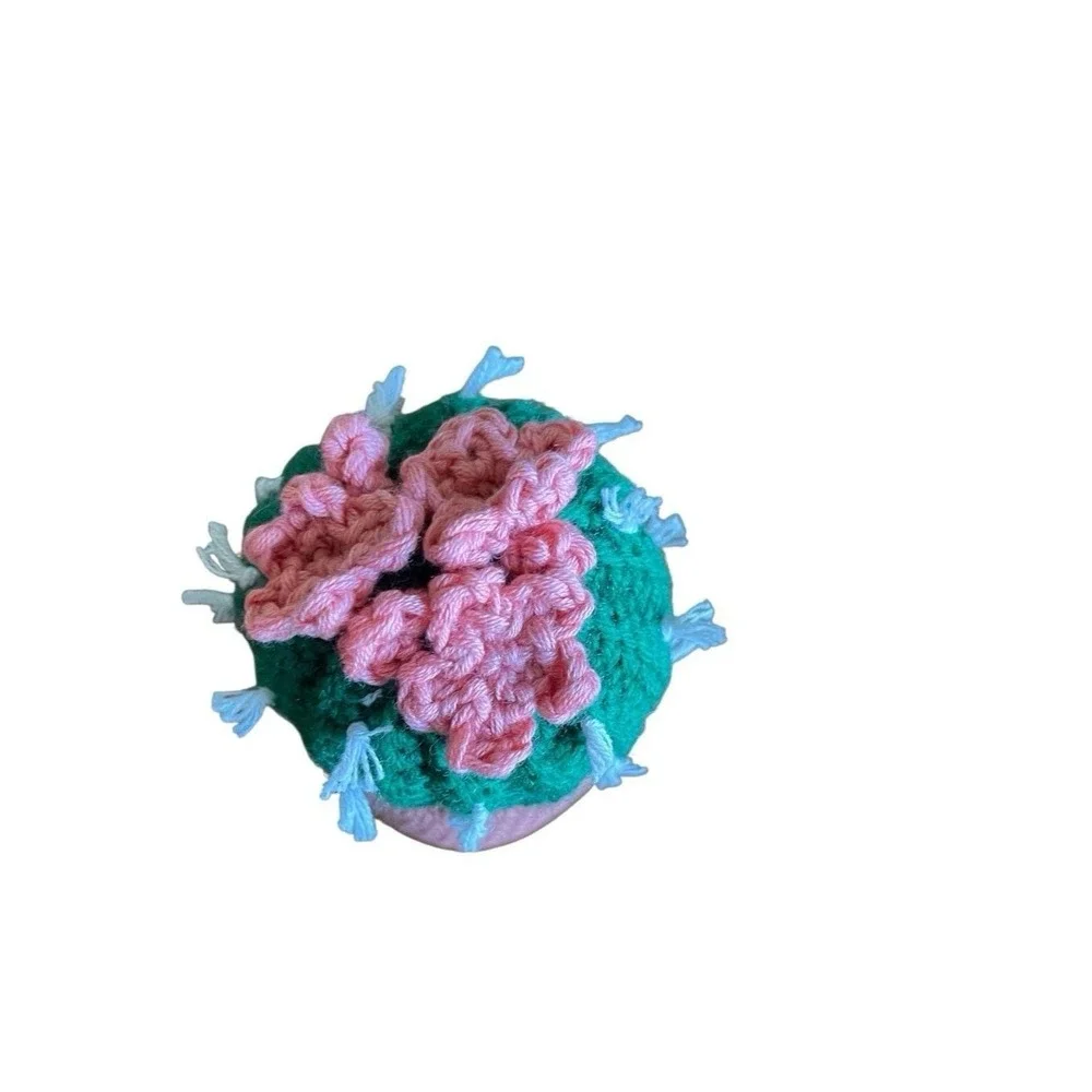 Handmade Crochet Ball Cactus with Pink Flowers Decorative Crocheted Plant Spikes